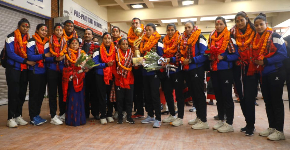 Nepali women’s volleyball team returned after winning the title.